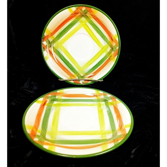 SET OF 2 California USA VERNONWARE CUP SAUCER Green & Orange Plaid - Picture 1 of 10